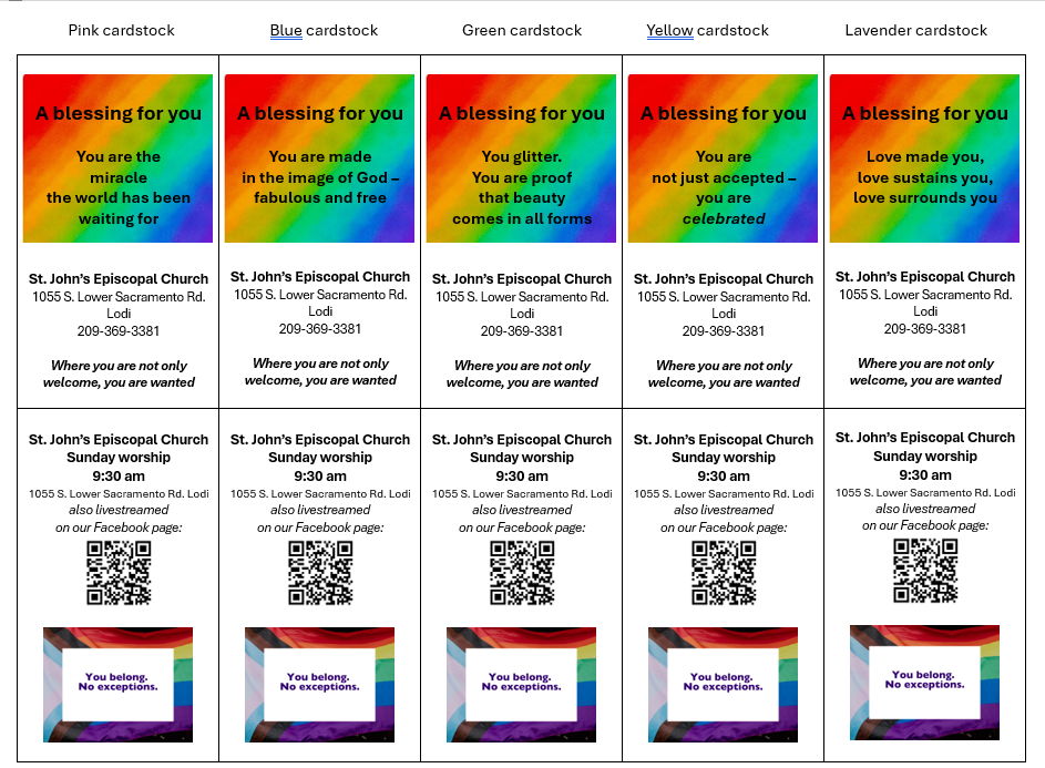 Five blessing cards in pink, blue, green, yellow, and lavender cardstock showing sample blessings from St. John's Episcopal Church